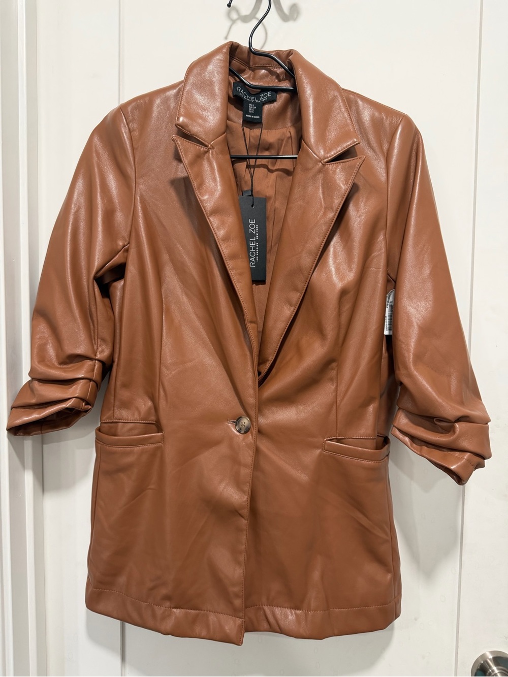 Rachel Zoe Tan Faux Leather Single-Button Blazer
